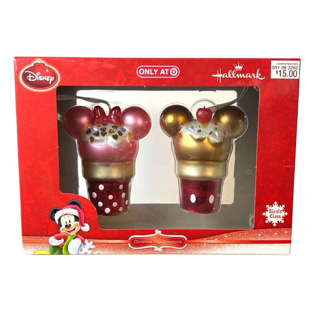 Disney Mickey Minnie Mouse Blown Glass Ice Cream Cone Christmas Ornament Set NIB